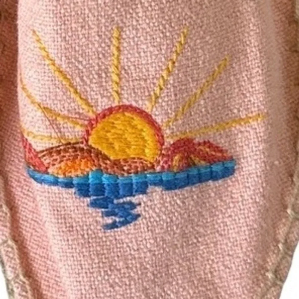 Soludos Aloha Sunset Pink Canvas Espadrille Flats Womens 10 Tropical Embroidered